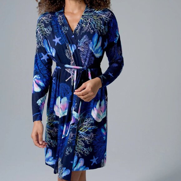 New Soma Cool Nights Short Robe XS De La Mer Navy Ocean Tropical Print - Picture 1 of 12